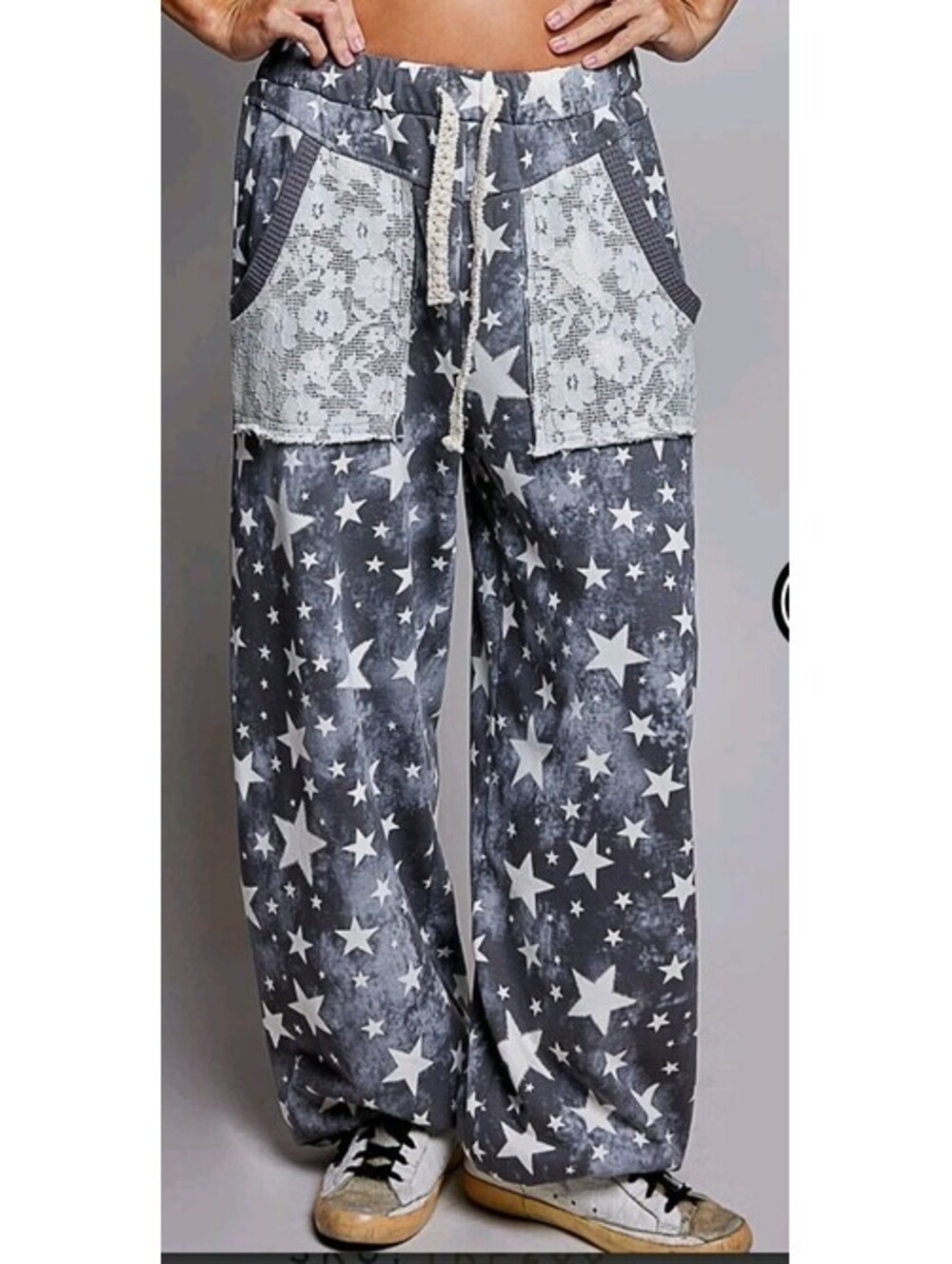 POL Star Splatter Navy Crochet Pockets Boho Jogger Sz L